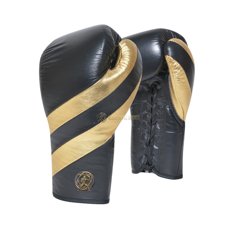 Premium Leather Lace-Up Pro Boxing Gloves - Black & Gold
