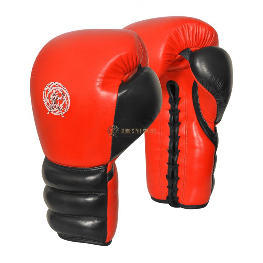 Pro Fight Leather Lace-Up Competition Boxing Gloves - Red & Black