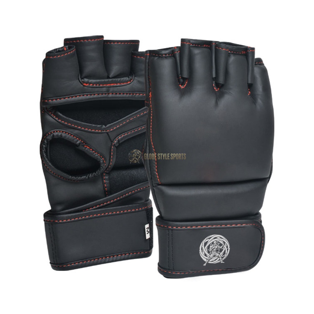 Pro Leather Grappling MMA Gloves - Black with Red Stitching
